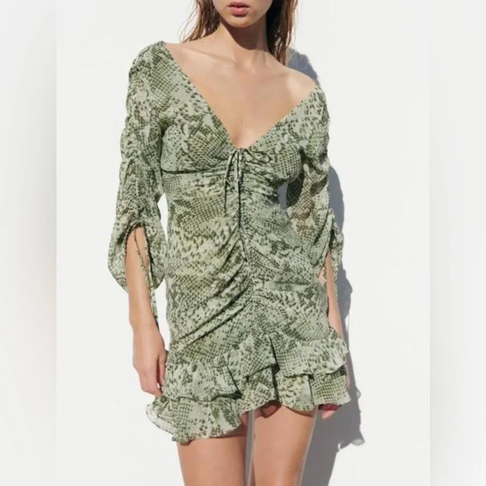 ruffle ruched dress zara ZARA Floral Printed Draped Ruched Ruffled Mini Dress Size Women's Size Small